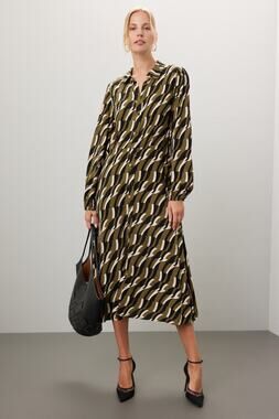 Yerse Jane Green Geometric Print Long Sleeve Midi Shirt Dress Size Medium